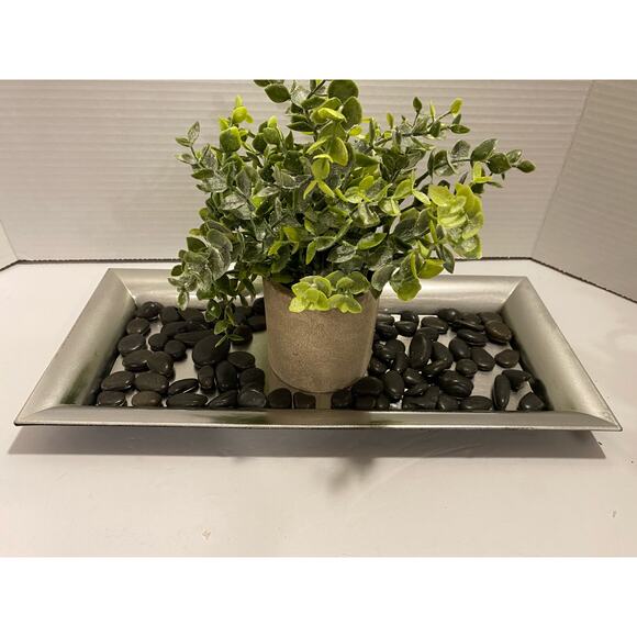 Artificial Plant with Stone Style Planter on Silver Tray with Black River Rocks - Picture 1 of 10